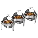 ROVSUN 3 Packs Roll Top Chafing Dish Buffet Set,6 Quart Round Stainless Steel Chafer for Catering,Buffet Servers and Warmers Set with Glass Window for Wedding, Parties, Banquet, Events，Graduation