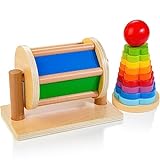 JUSTWOOD Spinning Drum for Babies 6M+, Spinning Rainbow Baby Toy, Montessori Baby Toys Play Kit, Medium Spinning Drum and Shape Stacker for 6-12 Months Toddlers, Gift for One Year Old Boys and Girls