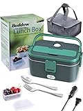 Buddew Electric Lunch Box 70W Food Heater 3 in 1 12V/24V/110-230V Portable Lunch Warmer (1.8arge-Capacity) Heated Lunch Box for Car/Truck/Home/Office with Carry Bag Fork and Spoon (Gray+Green)