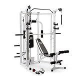 Marcy Combo Smith Cage Machine Full Body Training Home Gym System with Leg Developer, Padded Workout Bench, and Strength Training Weight Bar, White