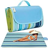 RUIBOLU Large Picnic Blanket, Beach Blankets(80X60) Inch Sandproof Beach Mat for 3-5 Adults Waterproof Quick Drying Outdoor Picnic Mat for Travel Camping Park Lawn (Blue Stripes)