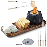ZUJJAFY Tabletop Fire Pit Smores Maker Kit - Portable Outdoor & Indoor Fire Pit Tabletop with 4 Smores Sticks and Wooden Tray, Small Table Top Firepit Mini Fireplace for Home Patio Balcony Decor