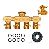 Morvat Heavy Duty Brass 4 Way Splitter with Rotating Arms, Garden Hose Manifold Connector with Comfort Grip ON/OFF Valves, Water Faucet & Spigot Adapter, Includes 8 Washers, Teflon Tape & Mounting Kit