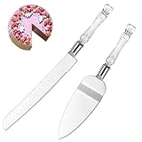 Cake Knife and Server Set - 2 Pcs Cake Cutting Set for Wedding with Stainless Steel Blades, Wedding Cake Knife with Acrylic Faux Crystal Handles, Perfect for Wedding Cake and Birthdays (Silver)