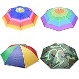 Umbrella hat 4 Pack for Kids Adults Outdoor 20' Multicolor Head Umbrella Cap Rainbow Fishing Hats and Folding Waterproof Hands Free Party Beach Headwear