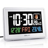 BALDR Atomic Alarm Clock - Large Color Display Digital Desk Clock - with Indoor Temperature & Humidity - Date & Real-Time Moon Phases - Perfect Office or Nightstand Clock (White)