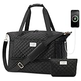 Gym Bag for Women, Sports Travel Duffel Bag with USB Charging Port, Weekender Overnight Bag with Wet Pocket and Shoes Compartment for Women Travel, Gym, Yoga (Black)