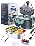 Buddew Electric Lunch Box 80W Food Heater for Adults, 12/24/110V Portable Lunch Warmer Upgraded Heated Lunch Box for Car/Truck/Office with SS Fork&Spoon and Insulated Carry Bag (Green)