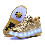 BFOEL Light Up Shoes Kids Light Up Shoes Kids Double Wheels Rechargeable Roller Skates Shoes Wheelies for Kids Girls Unisex(3.5 Big Kid Gold 35)