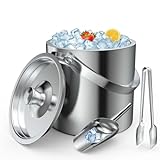 3L Double Wall Stainless Steel Ice Bucket with Lid,Scoop,Tongs, Insulated Ice Bucket for Cocktail Bar and Parties