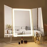 FENCHILIN Vanity Trifold Makeup Mirror with 3 Lights Modes Dimming Lighting Smart Touch Screen 10X Magnification 180 Degree Rotation for Tabletop Desk Dresser(White)