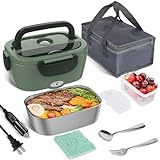 Vabaso Electric Lunch Box Food Heater, 2 in 1 Portable Heated Lunch Box for Car Truck Home Work Adults Food Heating, Leak Proof, 1.5L Removable Stainless Steel Container, 110V/12V/24V 60-80W