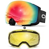 Odoland Magnetic Interchangeable Ski Goggles with 2 Lens, Large Spherical Frameless Snow Snowboard Goggles for Men Women, Black Frame Blaze Lens 18%