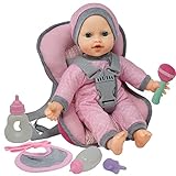 Doll Travel PlaySet - Baby Doll Car Seat Carrier Backpack with 12 Inch Soft Body Doll Includes Doll Bottles and Toy Accessories … (Caucasian)