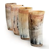 Norse Tradesman Drinking Horn Cup Set (4) - Full Size 12 oz Cups with Celtic Knot Engravings and Burlap Gift Sack Included