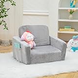 Baby Toddler Sofa Couch for Kids Foldable 2-in-1 Toddler Fold Out Couch Bed for Playroom, Pull Out Children Convertible Sofa to Lounger Sleeper Chair for Boys & Girls with Double Pockets, Dark Grey