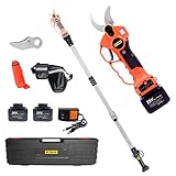 T TOVIA Electric Pruning Shears, Cordless Pruner with 1.9m Extension Pole, Tool Belt, 2 Pack 25V Lithium Battery, SK5 Blades, 40mm Cutting Diameter, LCD Display Screen