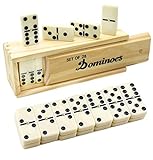 ESSAJOY Dominoes Set for Adults Double Six Domino Set for Classic Board Games Double 6 Dominoes Set for Family Games 28 Tiles with Spinner in Natural Wooden Box