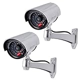 EXCERCUS Fake Security Camera,Dummy CCTV Bullet Surveillance System Realistic Look Waterproof with One Flashing Red LED Light and Warning Sticker for Both Indoor & Outdoor Use(2 Pack,Silver)