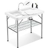 Avocahom 37' Folding Fish Cleaning Table Portable Camping Sink Table w/Dual Water Basins, Faucet Drainage Hose & Sprayer Outdoor Fish Fillet Cleaning Station w/Knife,Grey