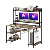 Computer Desk with Hutch Storage Shelves, 47 INCH Home Office Desks with Keyboard Tray Bookshelf Gaming Desk with Dual Monitor Stand, Study Writing Table Workstation, Easy to Assemble, Rustic Brown