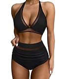 SUUKSESS Women Sexy High Waisted Bikini Sets Mesh Tummy Control Two Piece Swimsuits Halter Push Up Bathing Suits(Black,M)