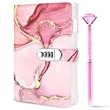 Koogel Diary with Lock, A5 PU leather Journal with Lock 120 Sheets Password Locked Travel Notebook with Crystal Diamond Pen Pink