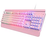 Dacoity Pink Gaming Keyboard, 104 Keys All-Metal Panel, Rainbow LED Backlit Quiet Computer Keyboard, Wrist Rest, Creamy PBT Keycaps, Anti-ghosting, Light Up USB Wired Cute Keyboard for PC Mac Xbox
