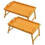 2 Pack Bed Tray Table Breakfast Trays Serving Bamboo Laptap with Floding Legs Handles and Phone Holders