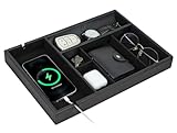 HofferRuffer Faux Leather Valet Tray for Gift,Nightstand Organizer Decorative Dresser Tray Box with Phone Charging Station Organizer Holder, Storage Catchall Tray for Men and Women (Black Organizer)