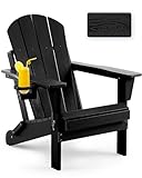 Serique Folding Adirondack Chair Wood Texture, Patio Chair Weather Resistant, Outdoor Chair, Lawn Chair with Cup Holder, Fire Pit Chair for Deck, Outdoor, Porch, Backyard, Garden (Black)