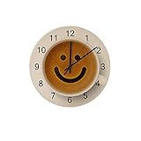 Hapuxt Wall Clocks Round Wooden No Ticking Sound Quartz Quiet Movement AA Battery Operated ﻿Coffee Cup Froth Smiley Face Home Kitchen Decor 12 Inch