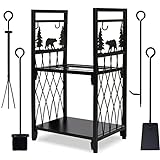 MYFIREPLACEDIRECT Firewood Rack with 4 Fireplace Tools, Fireplace Tool Sets Log Rack Outdoor Heavy-Duty Log Wood Storage Accessory for Indoor Fire Pit Wood Holders with Shovel, Poker, Tongs, Broom