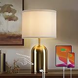 Bedside Lamp with USB Port, Touch Control Table Lamp for Bedroom 3 Way Dimmable Modern Nightstand Lamp with Fabric Shade Gold Base for Living Room, Dorm, Home Office, LED Bulb Included (Gold)