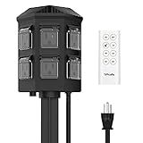 TiFFCOFiO Outdoor Power Stake Timer, 100FT Range Remote Control, Dusk to Dawn Sensor Timer Waterproof, 6FT Extension Cord, 6 Grounded Outlets for Halloween and Christmas Lights, ETL Listed