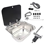 Kitchen RV Sink with Folding Faucet and Lid, 17-In Bar Boat Drop-in Sink Stainless Steel Hand Wash Basin Sink RV Camper Kitchen Sink, Caravan Van Camper Sink w/Cover & Faucet Strainer Full Set