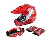 XFMT DOT Youth Kids Motocross Offroad Street Dirt Bike Helmet Youth Motorcycle ATV Helmet with Goggles Gloves Red Spider M