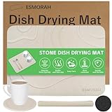 Esmorah Stone Dish Drying Mat with Absorbent Stone Coaster for Kitchen Counter - Quick Drying Diatomaceous Earth Sink Tray, All Natural, Super Absorbent, Heat Resistant, Non-Slip, 16x12 Inch - Beige