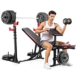 Olympic Weight Bench 900LBS Adjustable Weight-Lifting Workout Bench with Barbell & Squat Rack, Leg Extension, Preacher Arm Curl Pad Multi-Function Bench Press Set for Home Gym Full Body Workout