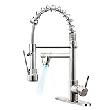 Qomolangma Commerical Kitchen Faucet with Pull Down Sprayer, Single Handle Kitchen Sink Faucet with LED Light 2 Spout, with Deck Plate Brushed Nickel