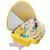 Mambobaby Baby Pool Float with Canopy, Kalolary Non-Inflatable Baby Swim Float Infant Swim Trainer Ring Toddler Pool Float with Adjustable Strap & Tile for 3-24 Months Age Boys Girls (Yellow Car)