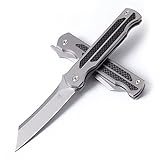 KATSU Camping Pocket Folding Japanese Knife, Titanium & Carbon Fiber Handle, Frame Lock, Stonewashed Cleaver Razor Blade, Leather Sheath