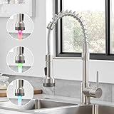 Pull Down Kitchen Faucet with LED Light, WOTOKOL LED Faucet for Kitchen Sink with Sprayer Spring Single Handle Solid Brass Kitchen Faucets Brushed Nickel