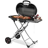 R.W.FLAME Portable Propane Gas Grill, BBQ Grill with Porcelain-Enameled Cast Iron Grates, 406 sq.in. Grilling Areas, 15,000 BTU, Built-in Thermometer, Barbecue Grill for Patio,Party,Black