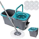 Masthome Mop and Bucket with Wringer Set, Spin mop and Detachable Bucket with Foot Pedal and 6 Microfiber Replacement Refills, Wet and Dry Mop for H