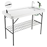 Avocahom Folding Fish Cleaning Table Portable Camping Sink Table with Faucet Drainage Hose & Sprayer Outdoor Fish Fillet Cleaning Station with Grid Rack & Knife Groove for Picnic Fishing, Black