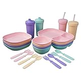 MightyMoe Kid’s Dinnerware Set - 28 Pieces, 4 Place Settings - Pastel Color Set - Tough Tableware for Toddlers - Made in the USA - Dishwasher and Microwave Safe - BPA Free and Shatter Resistant