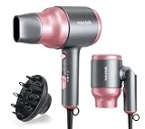 Wavytalk Portable Hair Dryer with Diffuser, Foldable Mini Hair Dryer with Lightweight Design, 1600W Small Hair Blow Dryer with Diffuser for Curly Hair Fast Drying, Rose Pink