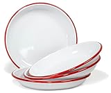 Red Co. Set of 4 Enamelware Metal 10” Round Camping Plates, Solid White/Red Rim