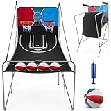 GYMAX Basketball Arcade Game Indoor, Foldable Basketball Game w/ 8 Game Modes, Arcade Sound, 4 Balls and Inflation Pump, Electronic Basketball Games for All Ages Home (Red+Blue)